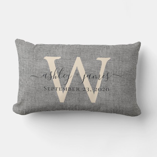 Rectangle Coussin de mariage en lin gris avec monogramme ivo (Recto)