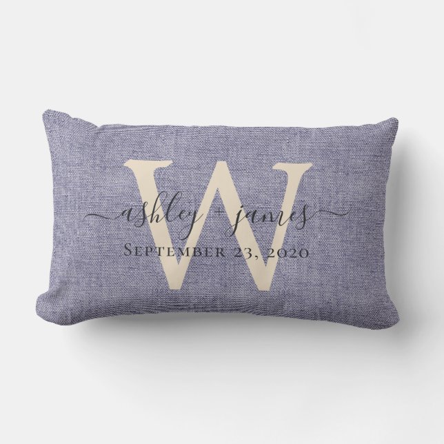 Rectangle Coussin de mariage en lin ivoire bleu avec monogra (Recto)