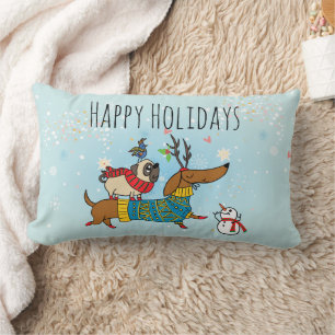 Rectangle Coussin de Noël avec teckel, carlin et oiseau