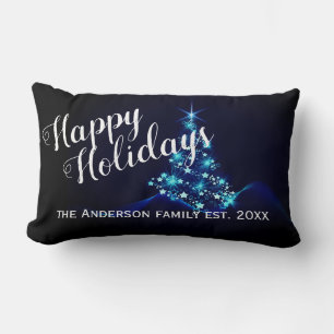 Rectangle coussin de Noël personnalisé dessin d'arbre bleu