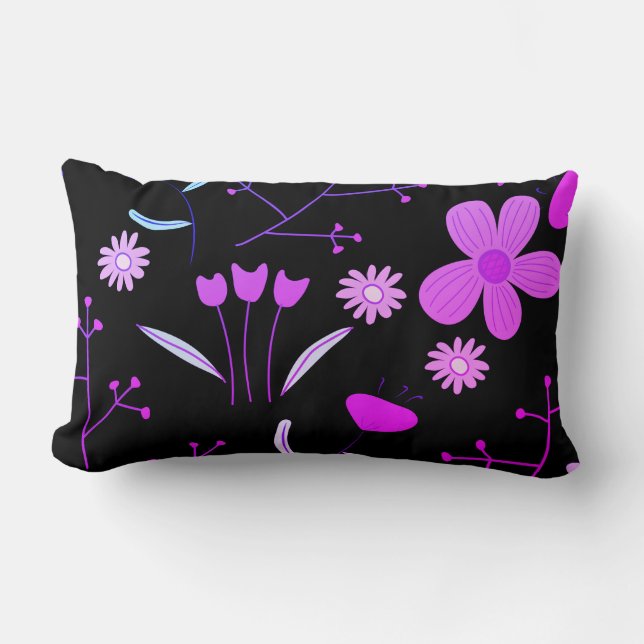 Rectangle Coussin d'impression florale rose et noir (Recto)