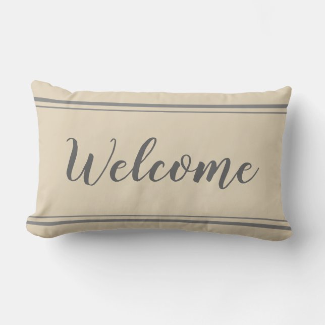 Rectangle Coussin en Gris et Beige de bienvenue (Recto)