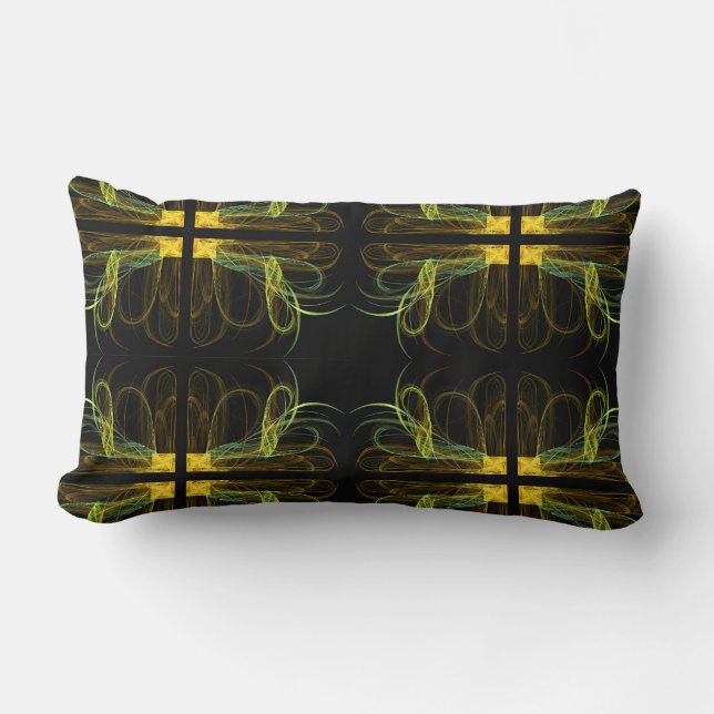 Rectangle Coussin fractal Abstrait vert, or et noir (Recto)