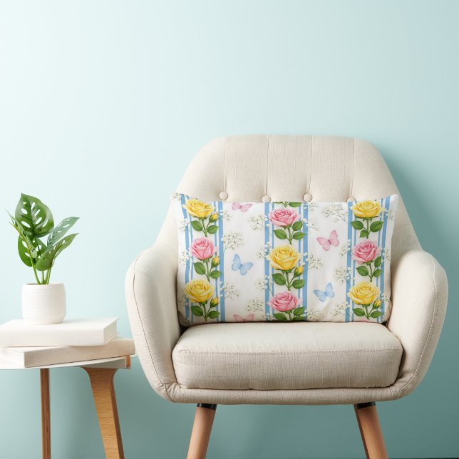Rectangle Coussin Jeté Rayure Bleu Rose & Jaune RosesFloral (Chaise)
