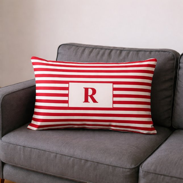 Rectangle Coussin Lumbar en bandes rouge/blanc monogramme (Créateur téléchargé)