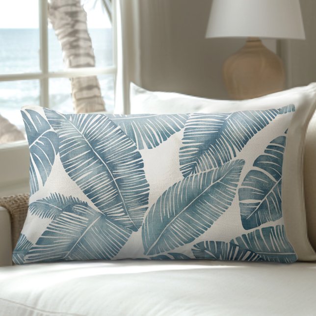 Rectangle Coussin Lumbar en feuille de palme bleu et blanc (Créateur téléchargé)