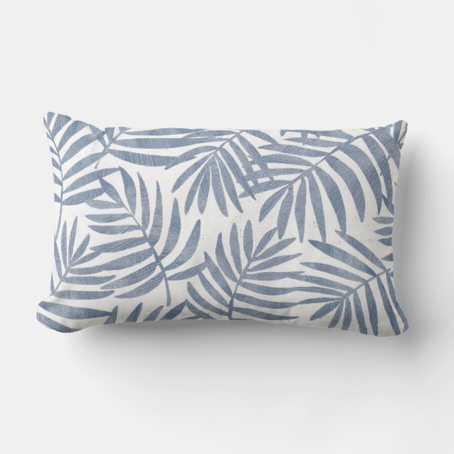 Rectangle Coussin Lumbar en feuille de palme bleu et blanc (Recto)