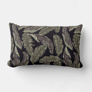 Rectangle Coussin Lumbar noir à feuilles vertes