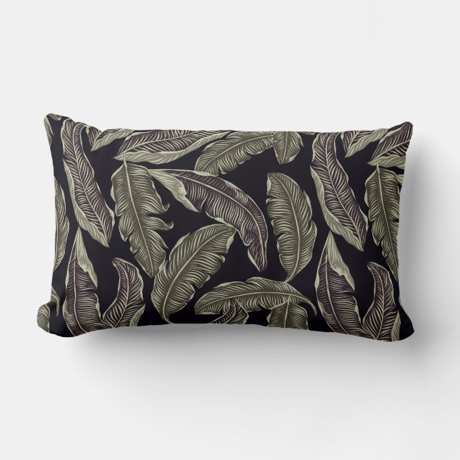 Rectangle Coussin Lumbar noir à feuilles vertes (Recto)