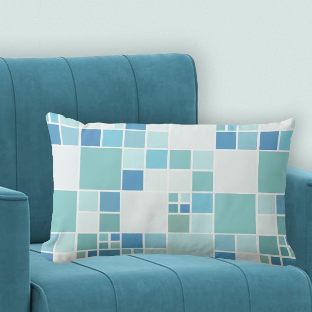 Rectangle Coussin Motif Turquoise Turquoise moderne (A pillow with a geometric tile design in blue, teal, turquoise and green - beach house - modern)