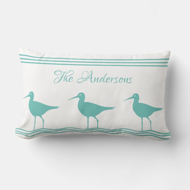 Rectangle Coussin nautique blanc Turquoise Bleu Bécasseaux (Recto)
