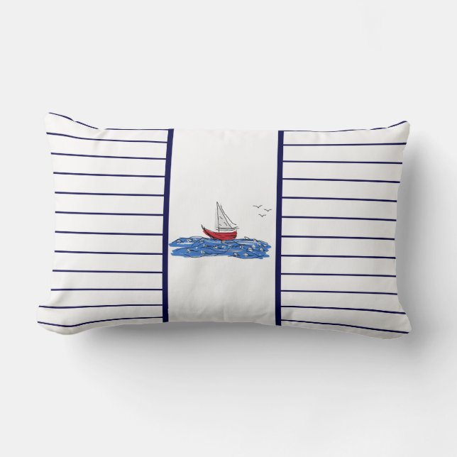 Rectangle Coussin nautique voilier rouge vagues mouettes (Recto)