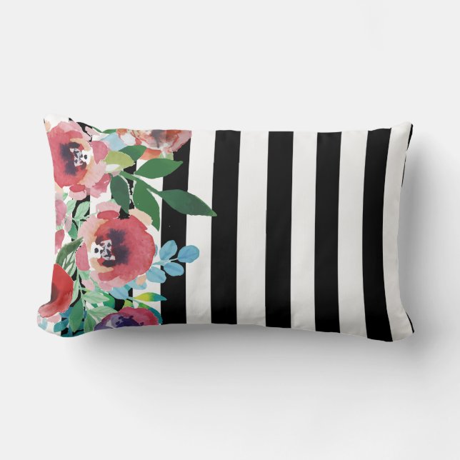 Rectangle Coussin noir et blanc floral de rayure (Recto)