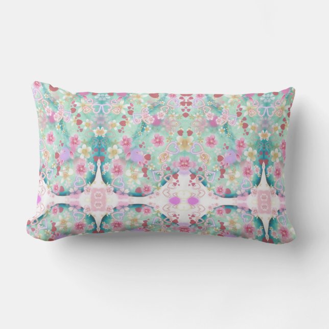 Rectangle Coussin Romantique Pastel Fleurs Cœurs Imprimé Occ (Recto)