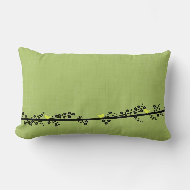 Rectangle Coussin vert affligé avec la branche d'oiseaux (Recto)