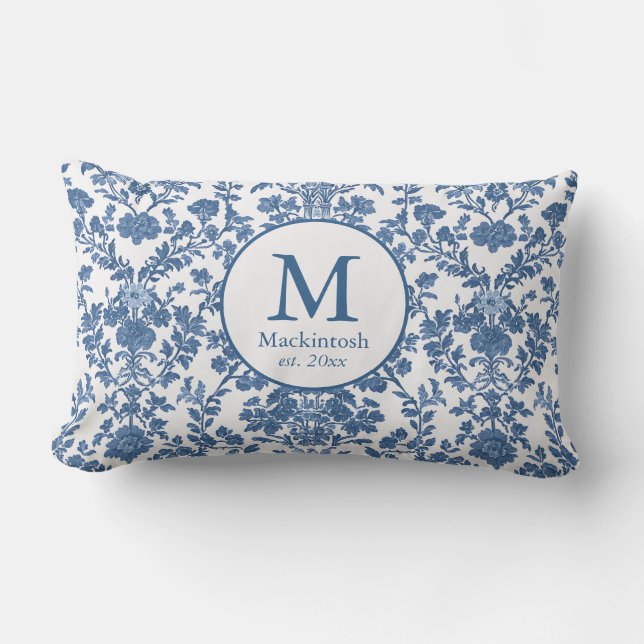 Rectangle Élégant Coussin de Toile Bleue Monogramme Lumbar (Recto)