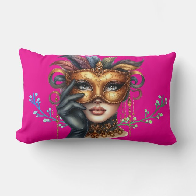 Rectangle Elégante Dame Masquerade, Coussin Lumbar en Masque (Recto)