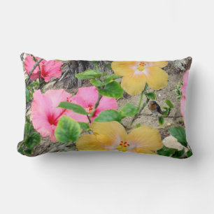 Rectangle Fleur Hibiscus Jaune Et Rose, Coussin Lumbar.