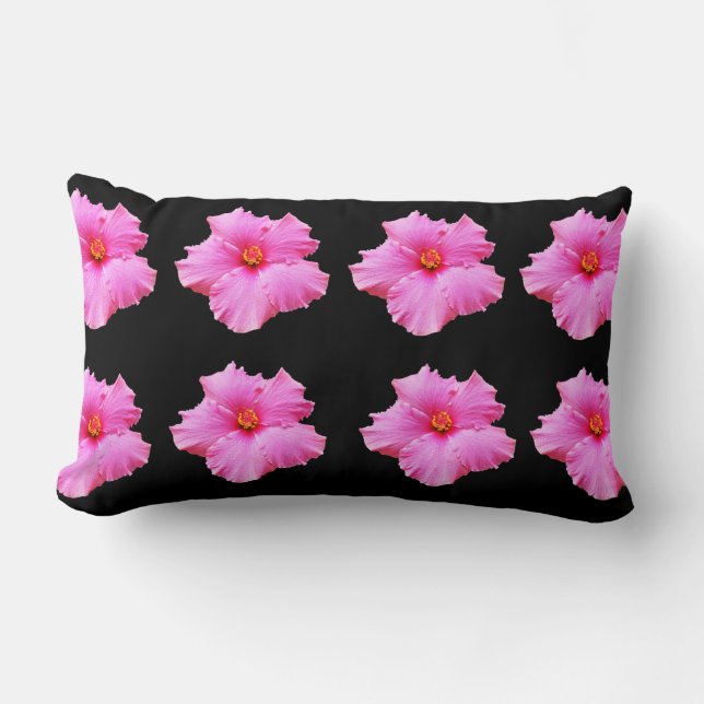 Rectangle Fleurs Hibiscus Roses Sur Noir, Coussin Lumbar. (Recto)