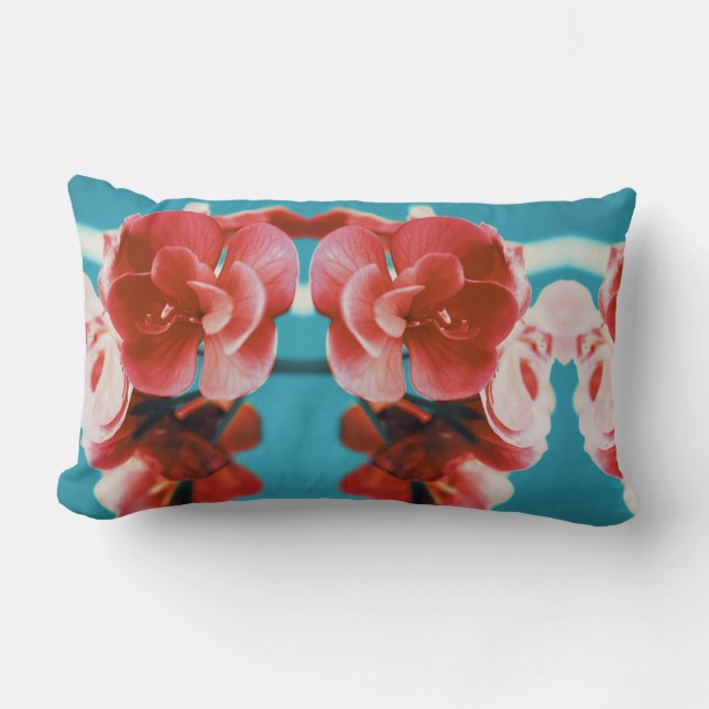 Rectangle Fleurs Rouges Pâles Élégantes Coussin Turquoise (Recto)