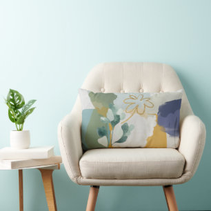 Rectangle Floral Abstrait en bleu, Sage Gold Lumbar Coussin