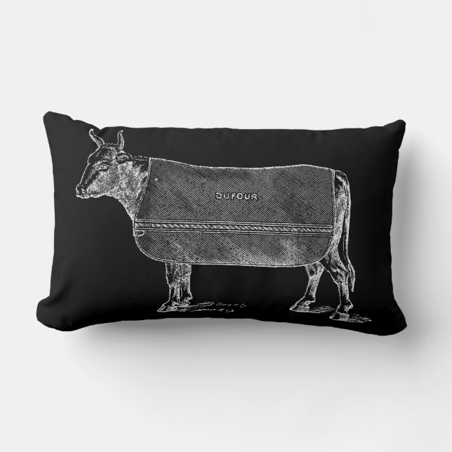Rectangle ILLUSTRATION vintage Vache blanche Coussin noir (Recto)