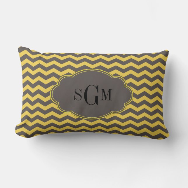 Rectangle Jaune et gris Chevron Monogramme Initiales Coussin (Recto)