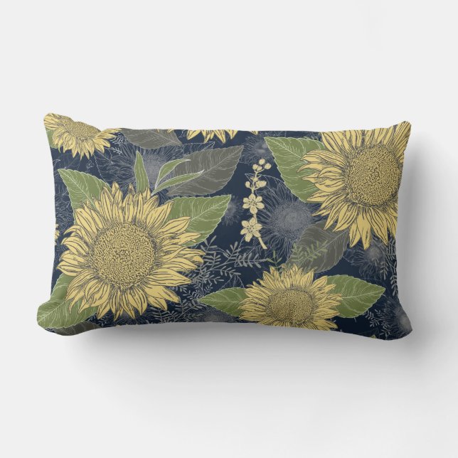 Rectangle Jaune Tournesol Floral Marine Bleu Lumbar Coussin (Recto)