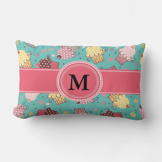 Rectangle Joli monogramme rose turquoise et jaune Coussin Lo (Recto)