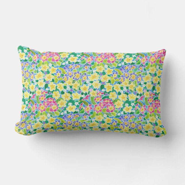 Rectangle Joli rose, Bleu, Primroses Jaunes Coussin Lumbar (Recto)