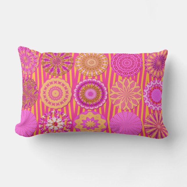 Rectangle Kaleidoscope Amusant, Coussin Lumbar rose-jaune (Recto)