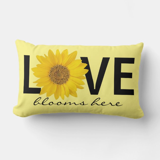 Rectangle Love Blooms Ici Sunflower Jaune Lumbar Coussin (Recto)