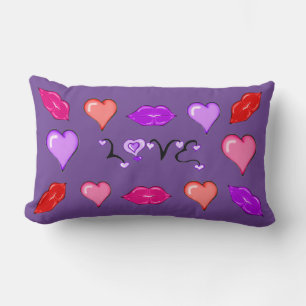 Rectangle Love Lips and Hearts Purple Lumbar Coussin