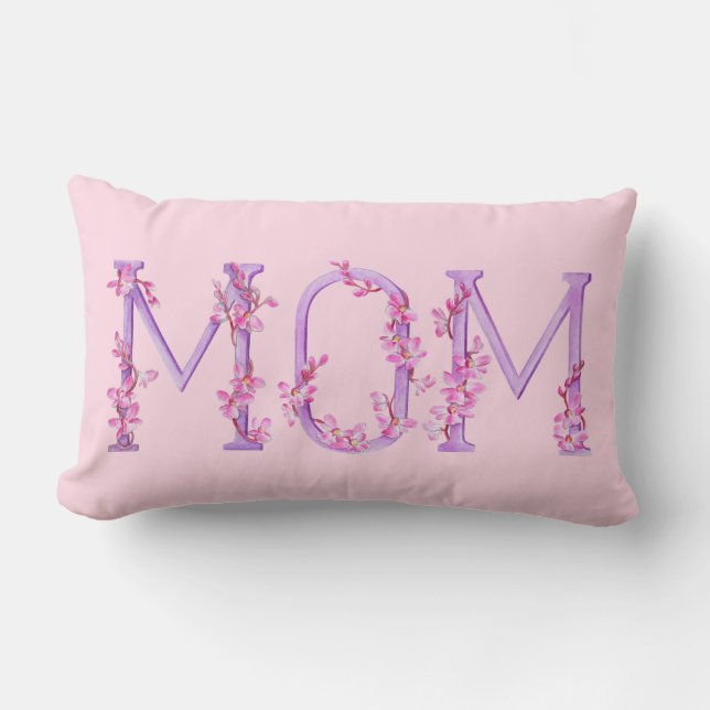Rectangle Maman texte Aquarelle rose violet bois coussin (Recto)