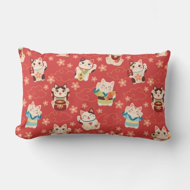 Rectangle Maneki Neko Chats Chanceux Coussin Jeté (Recto)