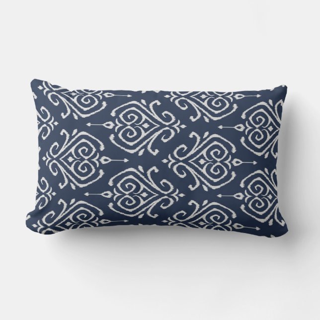 Rectangle Moderne chic damassé bleu et blanc coussin ikat (Recto)