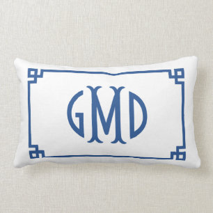 Rectangle Monogramme bleu Clé grecque Lumbar Coussin