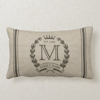 Rectangle Monogramme Famille Logo Burlap Look Lumbar Coussin