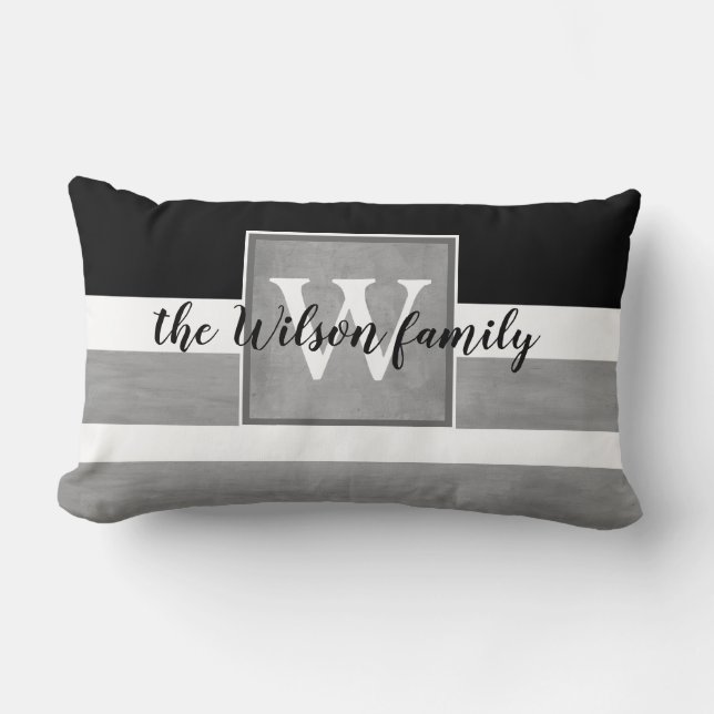 Rectangle monogramme personnalisé coussin rayures gris et bl (Recto)