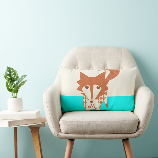 Rectangle Neon Aqua Monogram Stylisé Fox Coussin (Chaise)