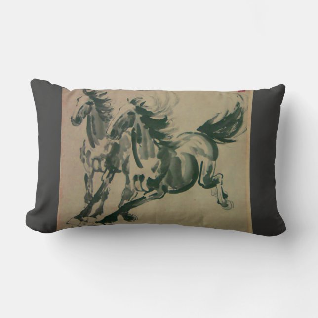 Rectangle Peinture chinoise de coussin oblong de 2 chevaux (Recto)