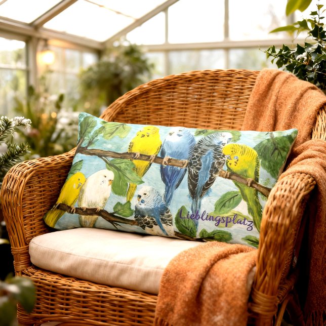 Rectangle Perruche | Coussin (Lendenkissen mit vielen niedlichen Wellensittiche - handgemaltes Motiv, personalisierbar)