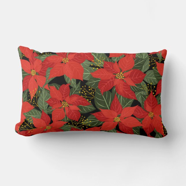 Rectangle Poinsettia Noël Floral Lumbar Coussin (Recto)