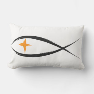 Rectangle Poisson chrétien noir avec Coussin de croix jaune