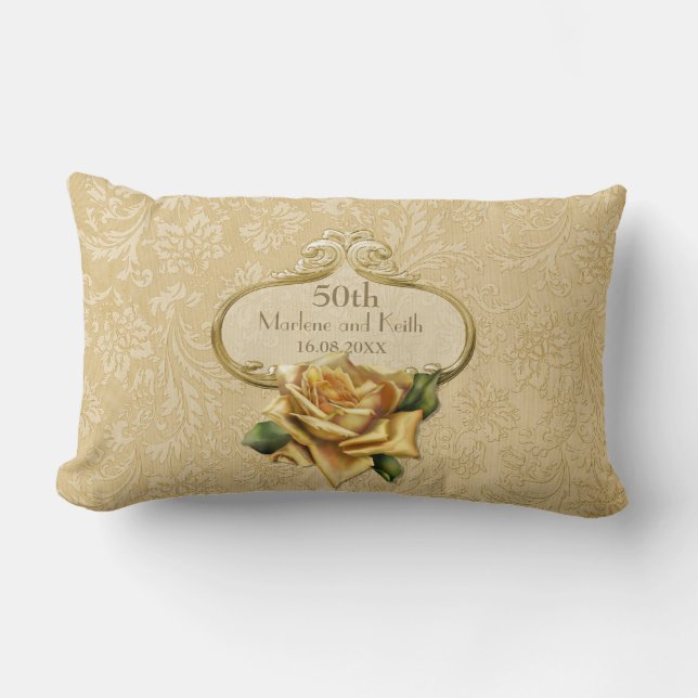 Rectangle Rose d'or Damask 50e Mariage Coussin de l'annivers (Recto)