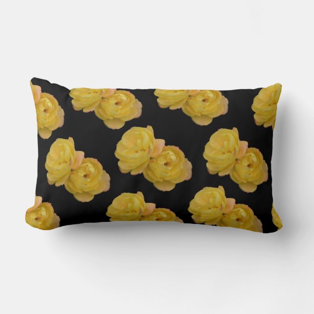 Rectangle Roses jaunes sur coussin lombaire noir. (Recto)