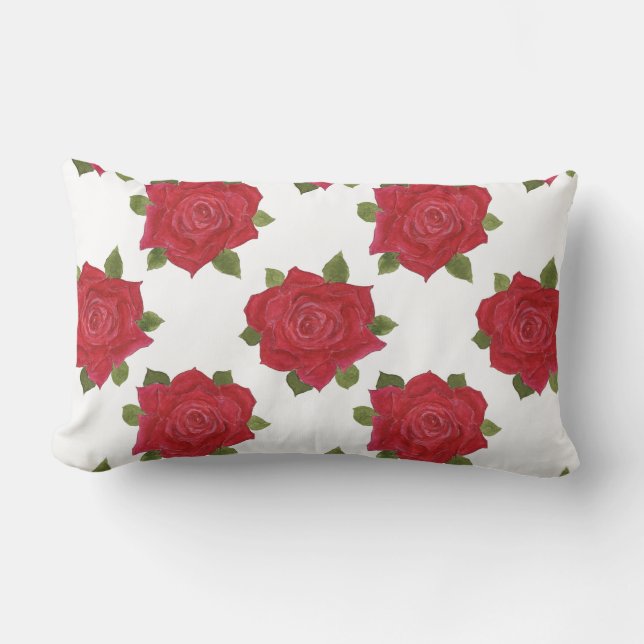 Rectangle Roses rouges romantiques sur blanc Lumbar Coussin  (Recto)