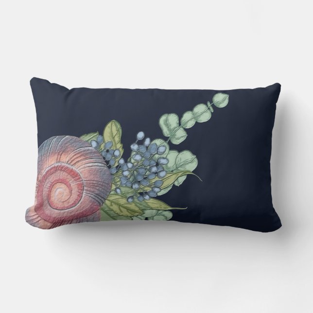 Rectangle Shell Watercolor Leaf Art Navy Blue Lumbar Coussin (Recto)
