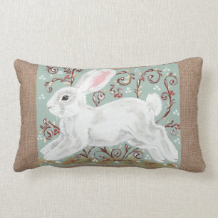 Rectangle Vins de lapin blanc Berries vert, Coussin Burlap
