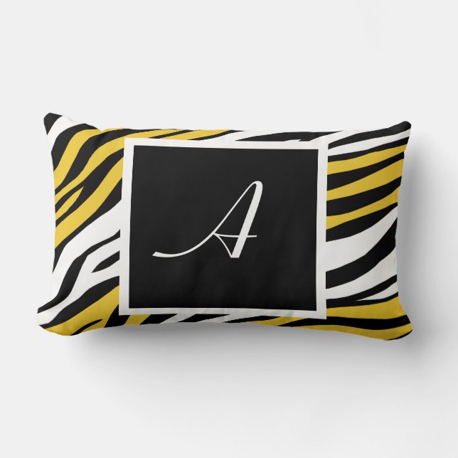 Rectangle Zebra Imprimer Mix Jaune Monogram Lumbar Coussin (Recto)